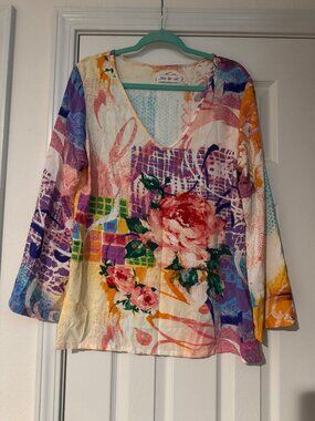 Jams World Tunic Top Women's L  Abstract Floral Print Bell Sleeves Resort Cruise